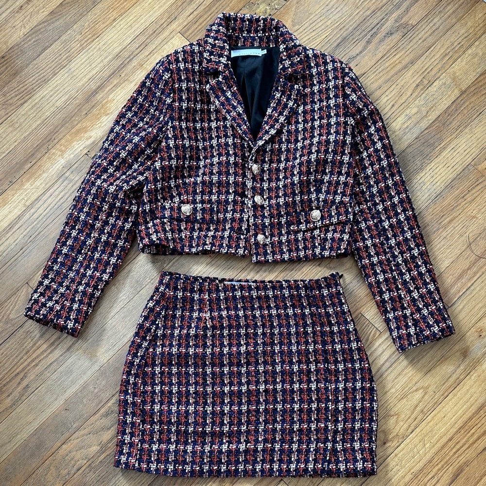 Women's Tweed Jacket and Skirt Set - Multicolor